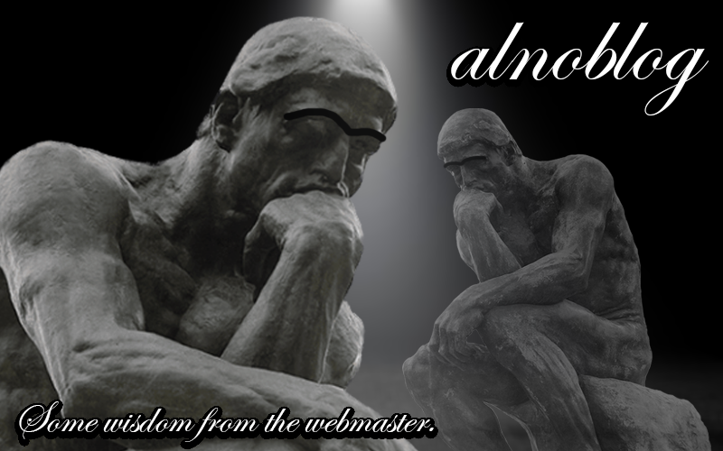 There's a gray background with a lone spotlight shining directly downwards and cutting through the middle of the image.
				In the immediate foreground is The Thinker, which is the famous sculpture by Auguste Rodin, alongside the same sculpture from a different angle a little further back. The caption says:
				"Some wisdom from the webmaster."